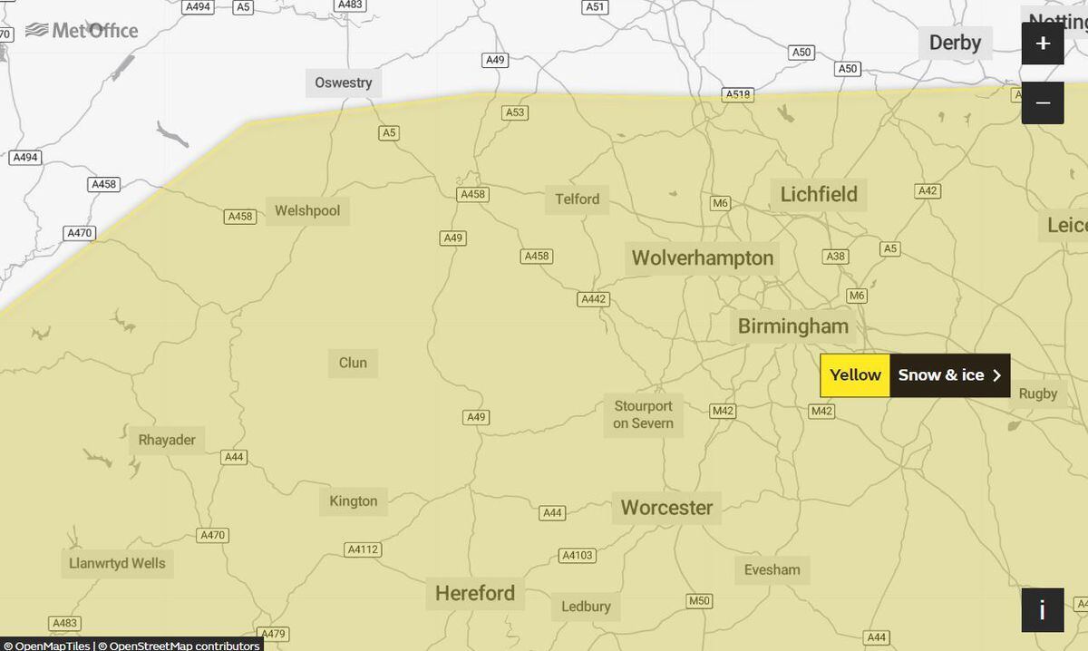 The Met Office weather warning for snow and ice that runs from 9pm on Monday until 10am on Tuesday