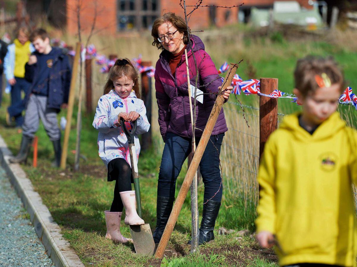 Pupils from Norton-in-Hales School and community members including those from Norton-in-Hales in Bloom, who were planting trees to commemorate the coronation of King Charles III.