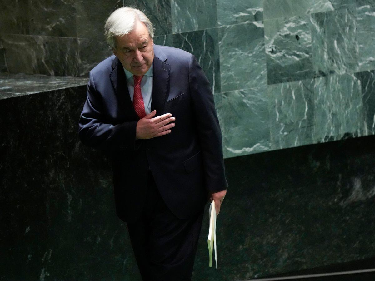 United Nations secretary-general Antonio Guterres acknowledges the audience's applause after addressing the 78th session of the United Nations General Assembly