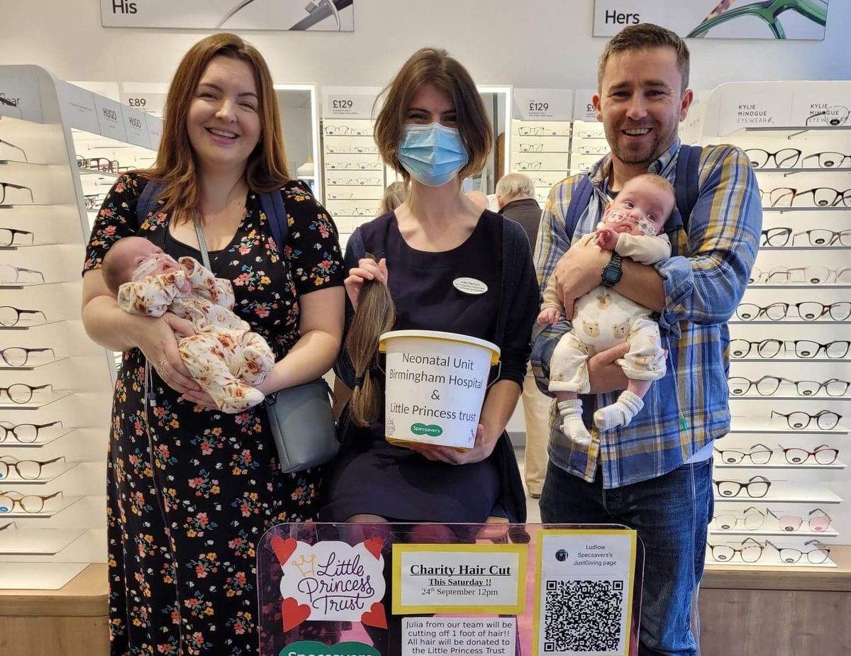 Optical assistant Julia Marriott, centre, after the chop with colleague Rebecca Lewis, her partner Dawid Krzeptowski and their twins.