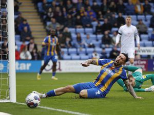 Ryan Bowman of Shrewsbury Town misses a chance to score..