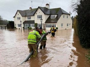 Flooding on the A442 at Danesford, near Bridgnorth, during Storm Dennis. Photo: Bridgnorth Fire Station