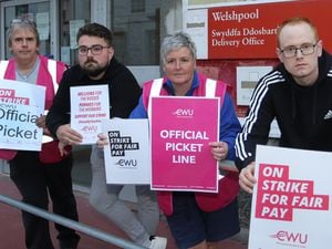 Royal Mail postal workers on strike at Welshpool Delivery Office. From left, Daniel Edwards (Union Rep) Dean Law, Donna Pryce and Dan Hosiene.