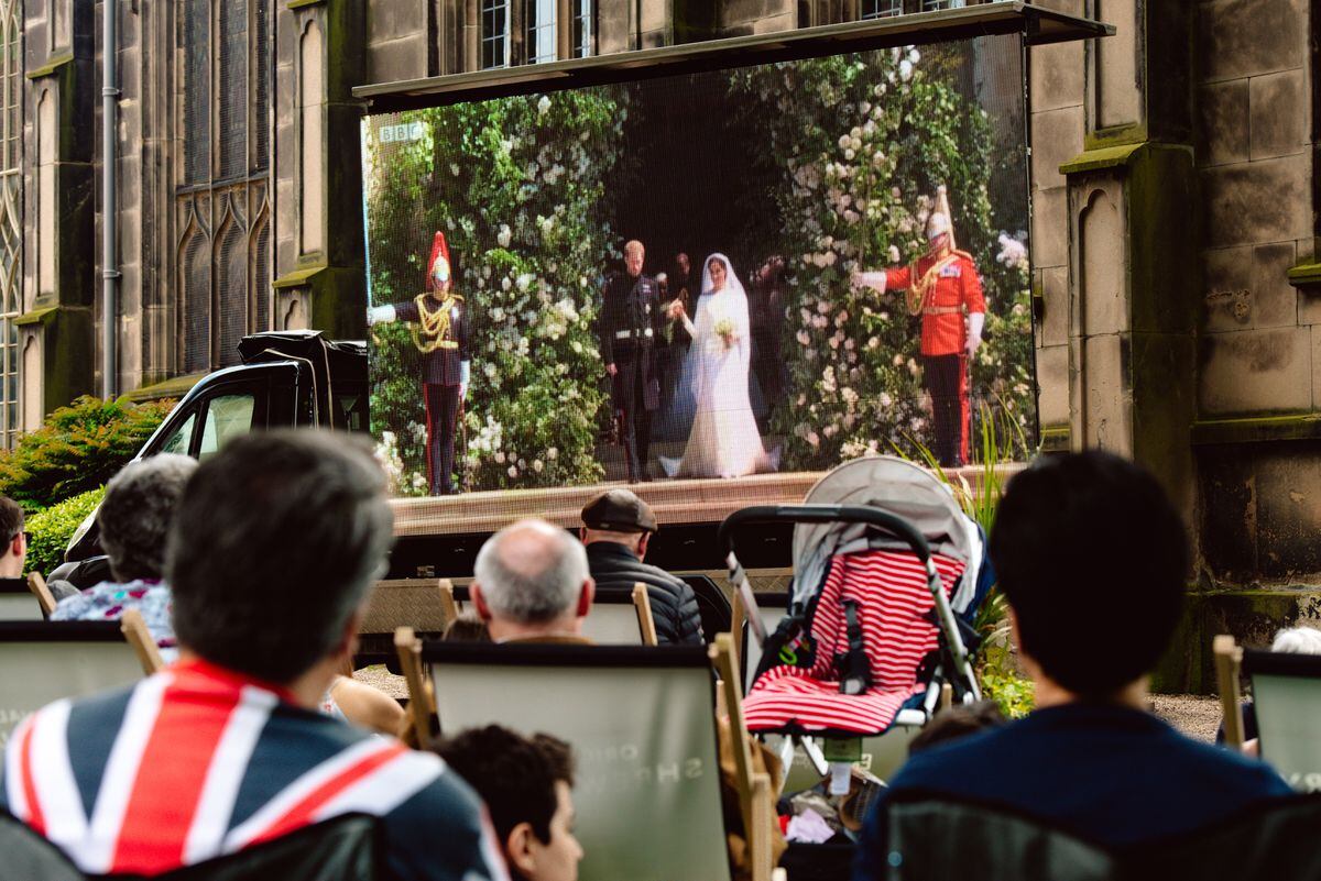 Shrewsbury BID screen the Royal Wedding on a big screen outside of St Alkmunds Church