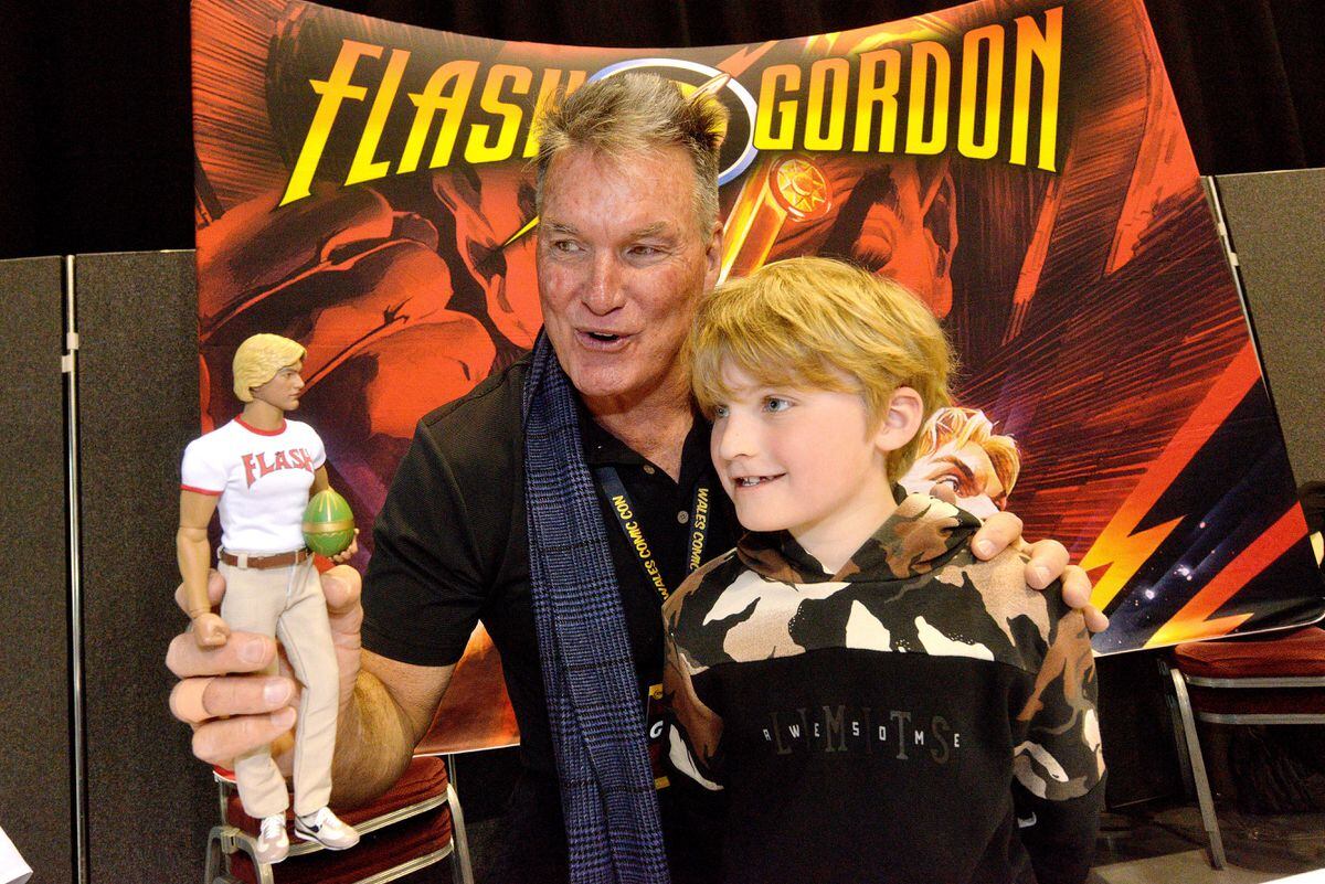 Bruce Gordon, eight, from Nottingham meets Flash Gordon (Sam Jones)