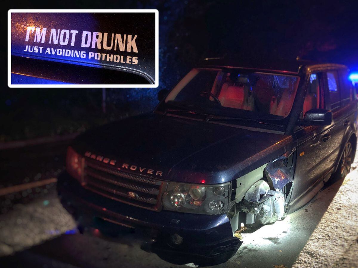 The Range Rover had a car sticker that said 'I'm not drunk' on it. Photos: @TelfordCops