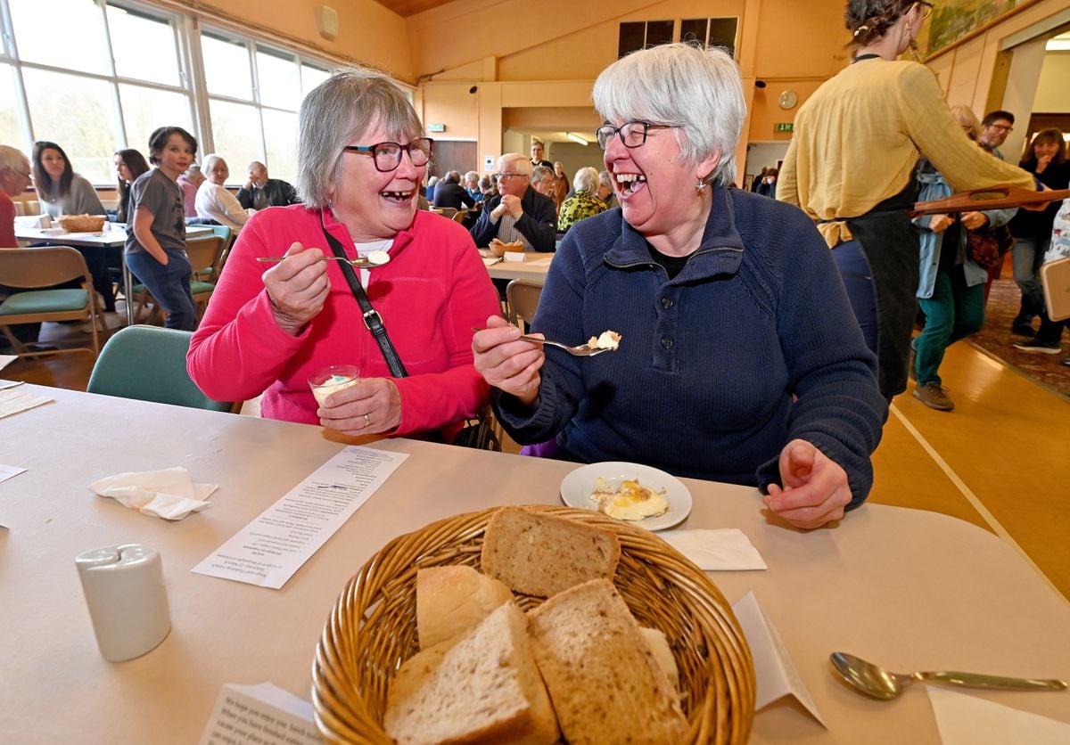 Annie Sutton and Christine Perkins enjoy the soup and pud event in Clun