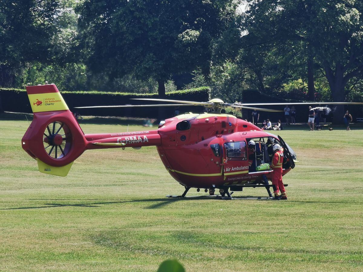 An air ambulance helicopter landed in the Quarry in Shrewsbury this afternoon