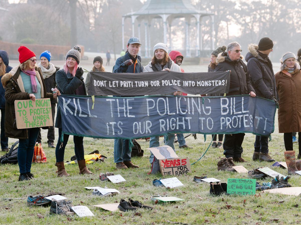Pictured centre are Will Mellett and Jonathan Sanchi at the Kill The Policing Bill Protest at The Quarry in Shrewsbury 