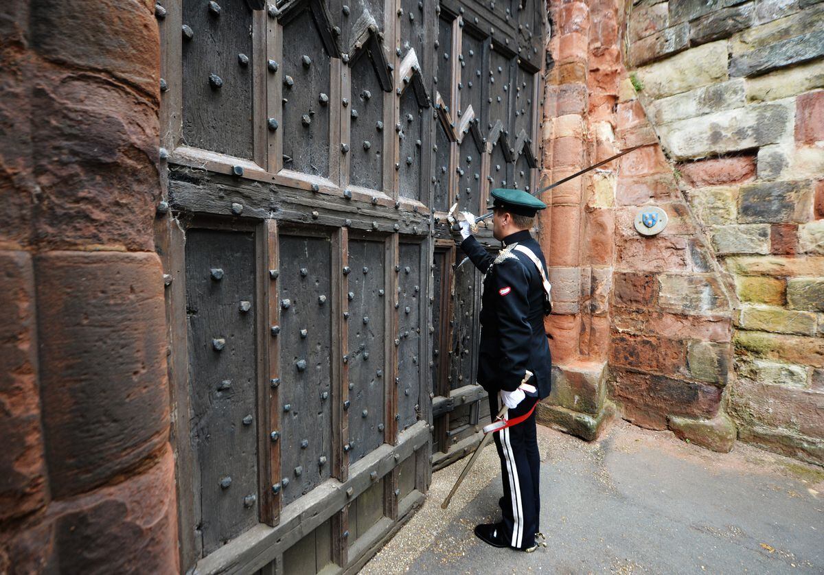 Ready for the Royal Yeomanry parade, at Shrewsbury Castle, Colonel Charlie Field, banging on the gate doors