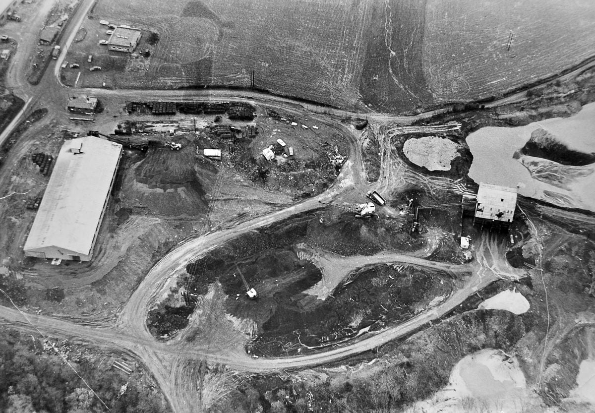 An aerial view of opencast coal mining at the clue-in-the-name hamlet of Coalmoor on April 6, 1972. The mining was being carried out by Coalmoor Basalt Ltd at Lydebrook Dingle, just off the Horsehay to Little Wenlock road. 