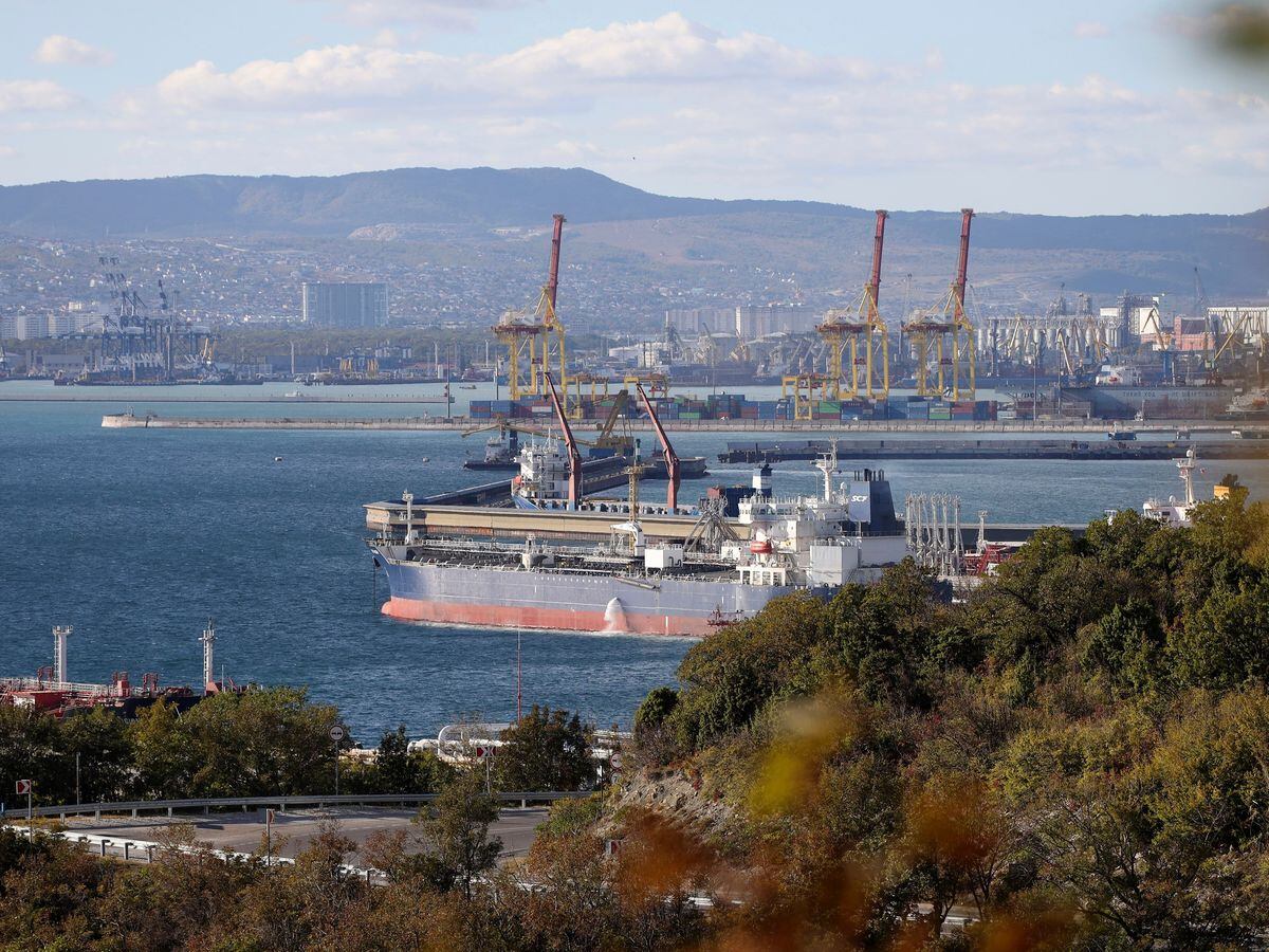 An oil tanker moored at the Sheskharis complex in Novorossiysk, Russia