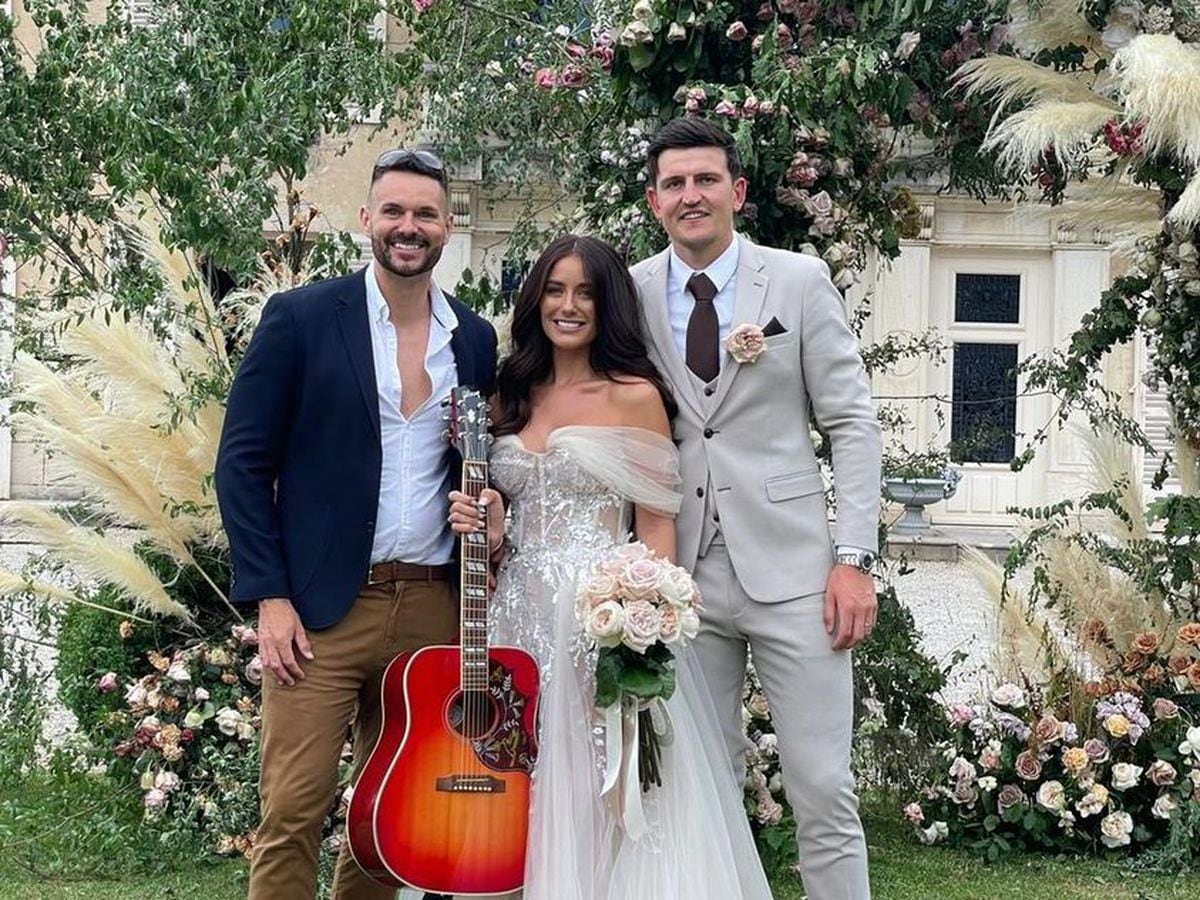 Jordan Brown with Harry Maguire and Fern Hawkins on their wedding day 