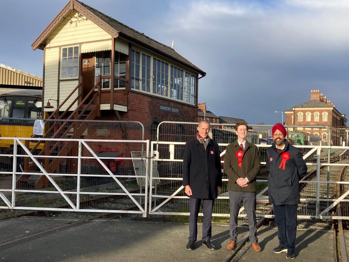 Tan Dhensi MP, Ben Wood and Bill Esterson MP at Oswestry South Signal Box