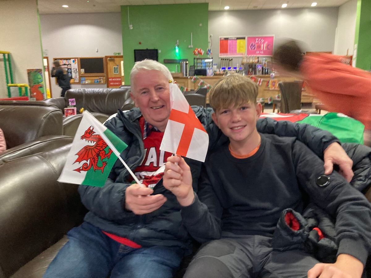 Welsh grandad Bill Lee with his England supporting grandson, Ronnie, at The Venue, Oswestry 