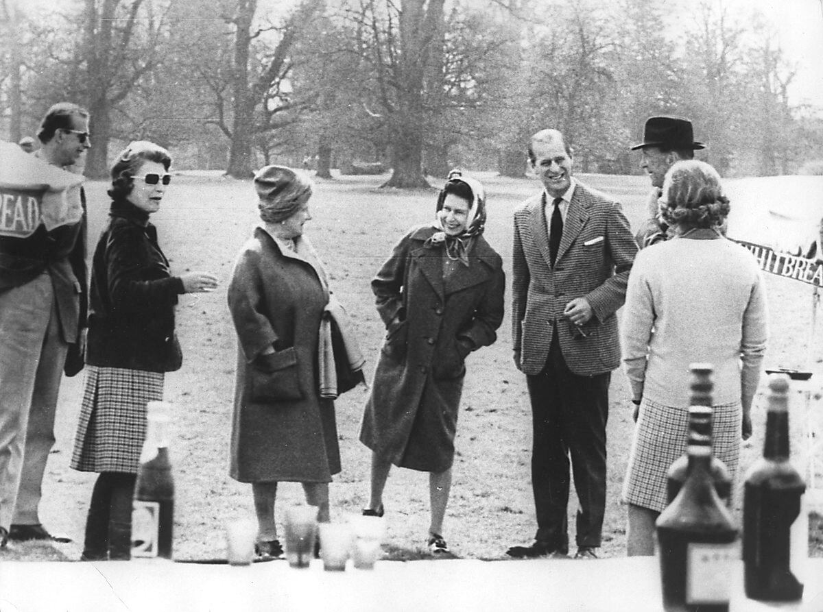 Left to right; the Duke of Kent, unidentified, Queen Mother, Queen Elizabeth II, the Duke of Edinburgh, the Duke of Beaufort, at the Badminton Horse Trials