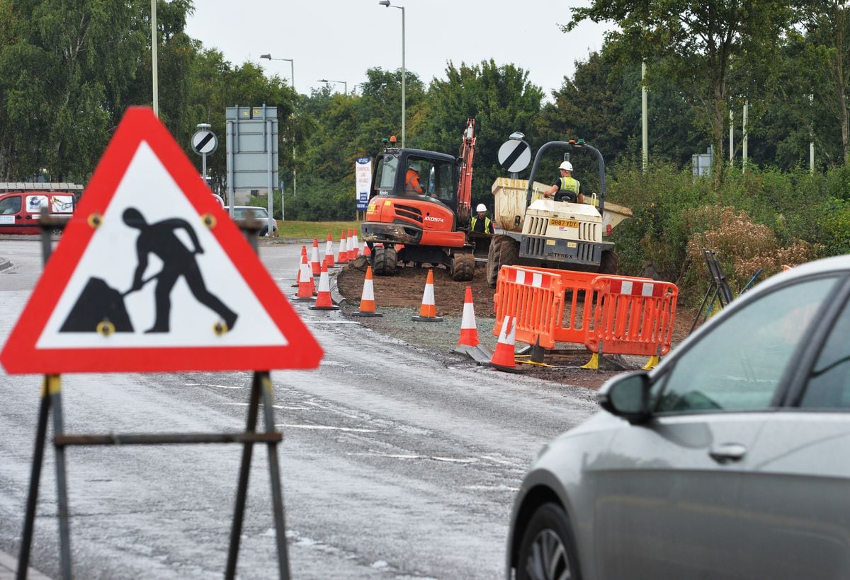 Roadworks near to the site of a new Aldi being built, at Battlefield, Shrewsbury..