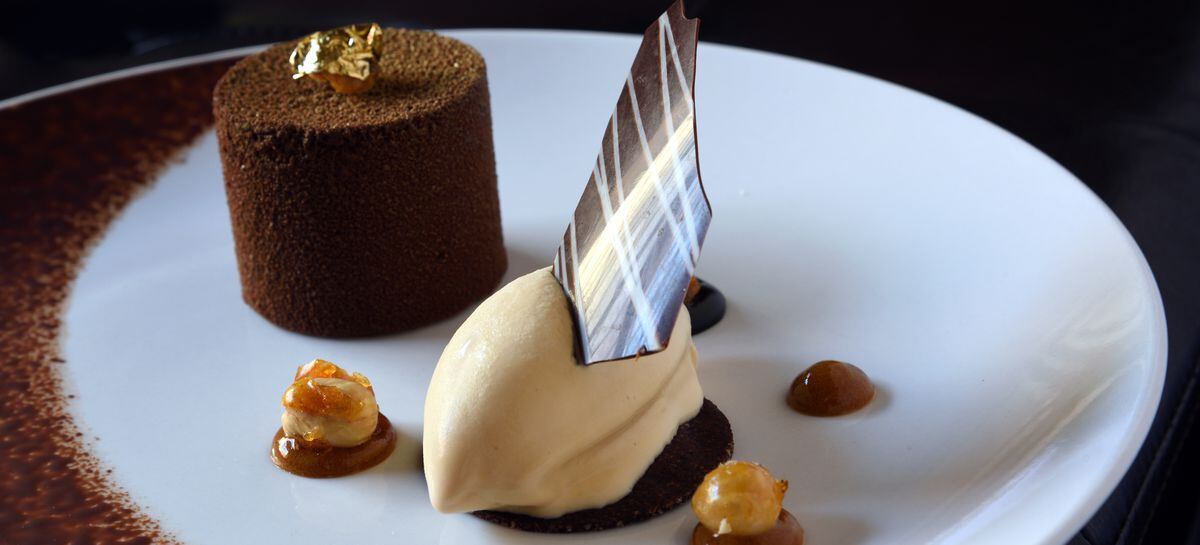Dessert – a chocolate marquise with caramel ice cream and hazelnut brittle