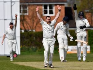 SPORT COPYRIGHT MNA MEDIA TIM THURSFIELD 16/04/22.Cricket action from Ludlow v Wellington..Ludlow bowler Louis Watkins celebrates as he bowls out Daniel Vaughan.....
