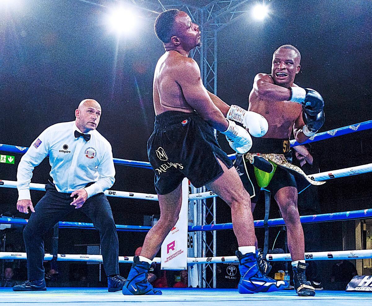 Darryl Tapfuma goes on the offensive during his super-featherweight victory over Samuel Pikire on Saturday night