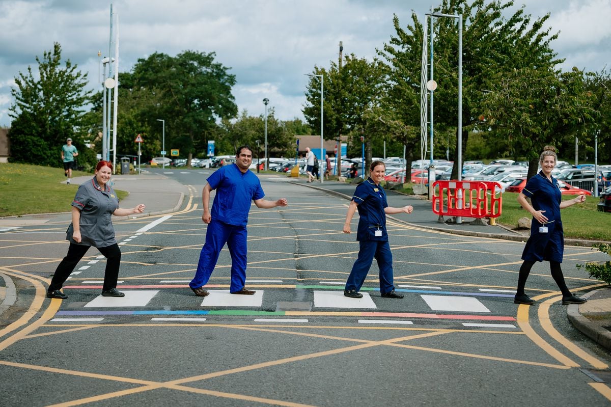  SaTH Royal Shrewsbury Hospital have officially opened a Rainbow Crossing to demonstrate their commitment to Equality, Diversity and Inclusion, and their LGBTQ+ colleagues and communities. In Picture L>R: Ruth Smith, Hamza Ansari, Teresa Cole and Angela Windsor