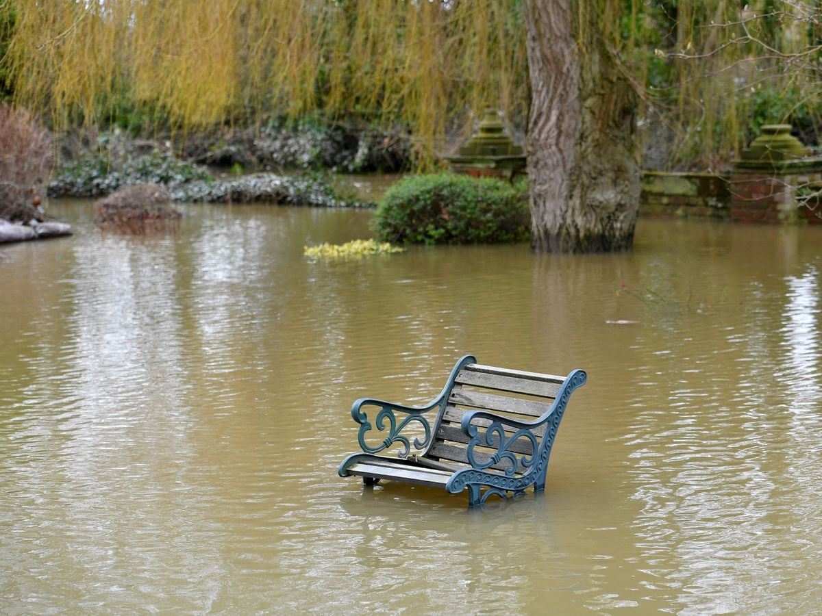 SHREWS COPYRIGHT MNA MEDIA TIM THURSFIELD 23/02/22.The garden of Coton Manor flats, Shrewsbury, which is again flooded..