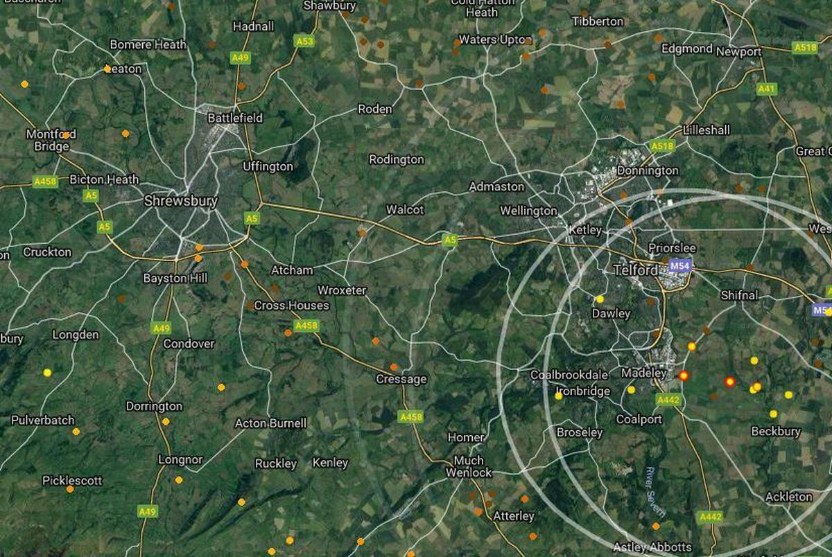 Shropshire lightning strikes tracked by the yellow and orange markings. Image: www.lightningmaps.org