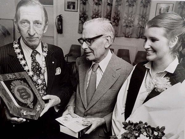 Doug, pictured middle, retiring from Newport Council in 1981, with his wife Susan and Mayor Councillor Harding