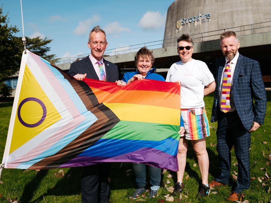At Shirehall to mark the start of Shrewsbury Pride were, from left: Phil Davies, Lezley Picton, Jens Bakewell and Mark Barrow