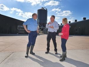 Liberal Democratic Party leader Ed Davey and North Shropshire MP Helen Morgan visit Bentley Farm, Noneley, to discuss the challenges farmers face with Neil Brown