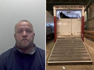 Carl Andrew Pritchard, and the horse transporter the drugs were found in. Photos: National Crime Agency