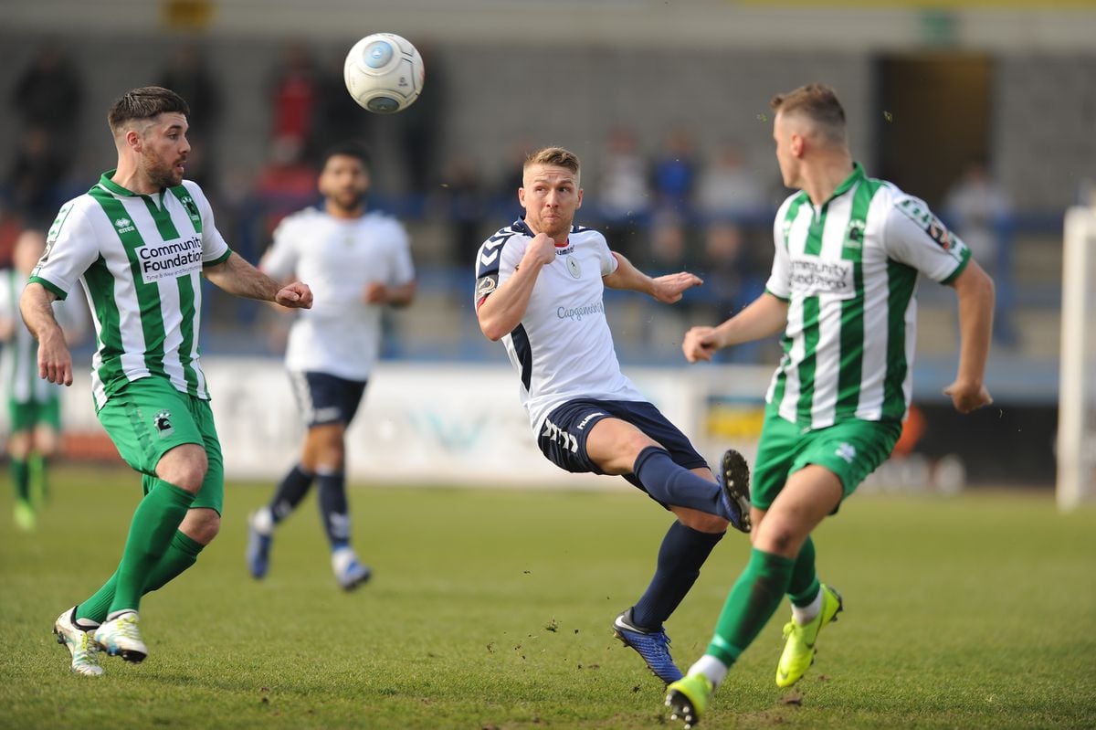 Darryl Knights of AFC Telford during the Vanarama National League North fixture between AFC Telford United and Blyth Spartans at the New Bucks Head