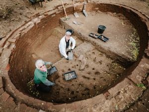 Archaeological dig at National Trust Attingham Park. Volunteers Judy Gardener and volunteer Simon Walker. Organised by Nigel Baker