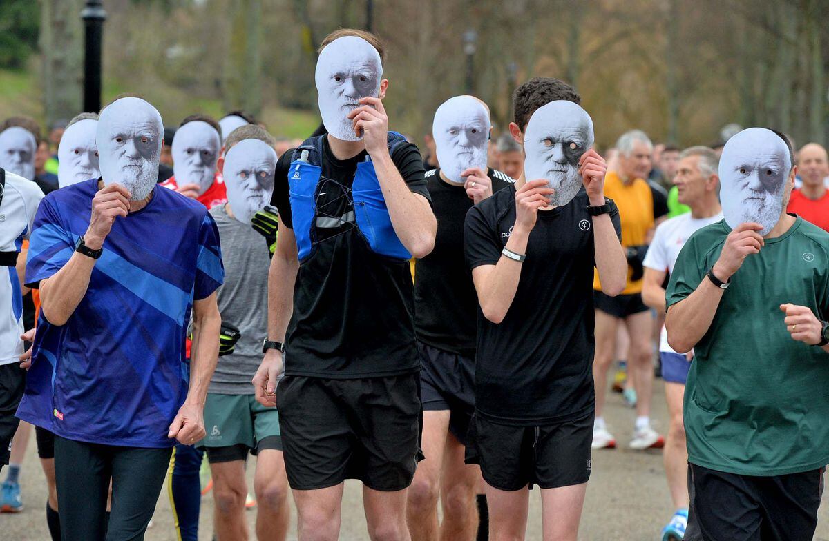 Parkrunners wearing Charles Darwin masks to celebrate the start of the festival