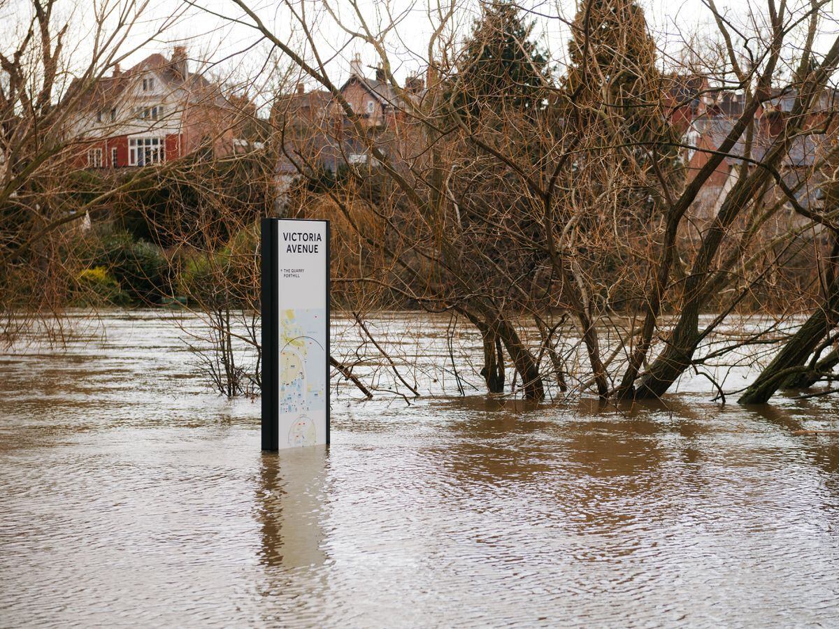 The River Severn in Shrewsbury remains high, although past its peak for now