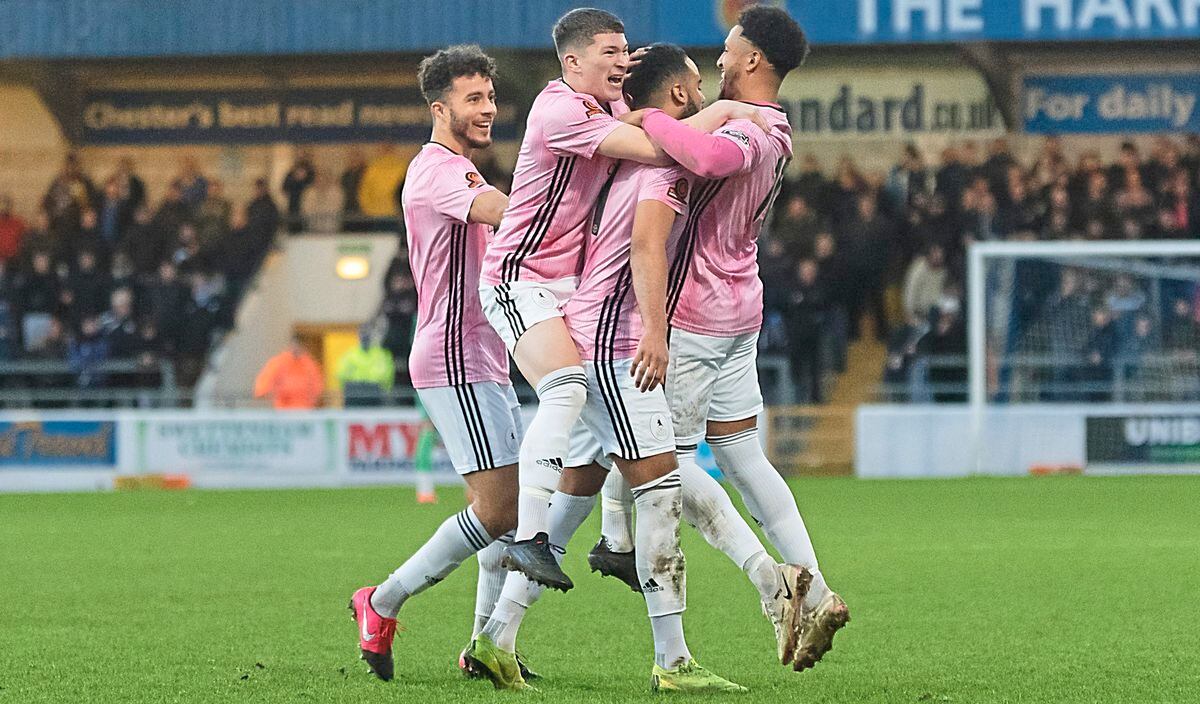 AFC Telford players celebrating Brendon Daniels’ goal in their draw at Chester last time out   Picture: Kieren Griffin        Mike Williamson is Gateshead boss