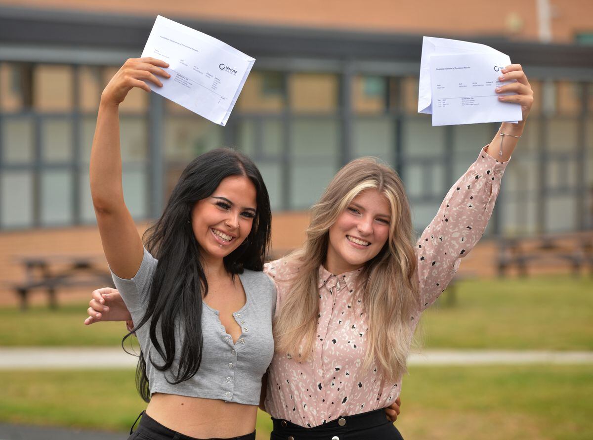 Celebrating their A level results (left) Kyra-Leigh Whinnerah, aged 18, of Telford (3 A grades), and (right) Abigail Taras, 18, of Telford, (2 A's and a B grade), at Telford College..