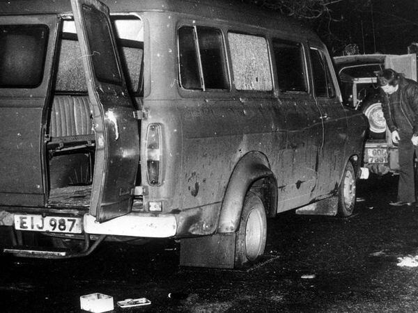 The bullet-riddled minibus near Whitecross in South Armagh where 10 Protestant workmen were shot dead by IRA terrorists