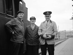 The train crew pose for Les at Shrewsbury station before starting the run to Bridgnorth in August 1963 – from left, fireman Norman Forrester, driver Charles Coughy, and Les's dad Tom, the guard