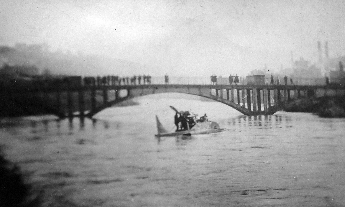 An early design in the shadow of the Jackfield Free Bridge during an eventful trip on the flooded River Severn in 1923.