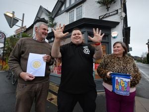 Tommy Conlon, who aims to lose 10 stone to raise money for charity, at Church Stretton, with, left Rotary Club community team leader Julian Hargreaves, and Little Rascals Foundation charity manager Natalie Hughes