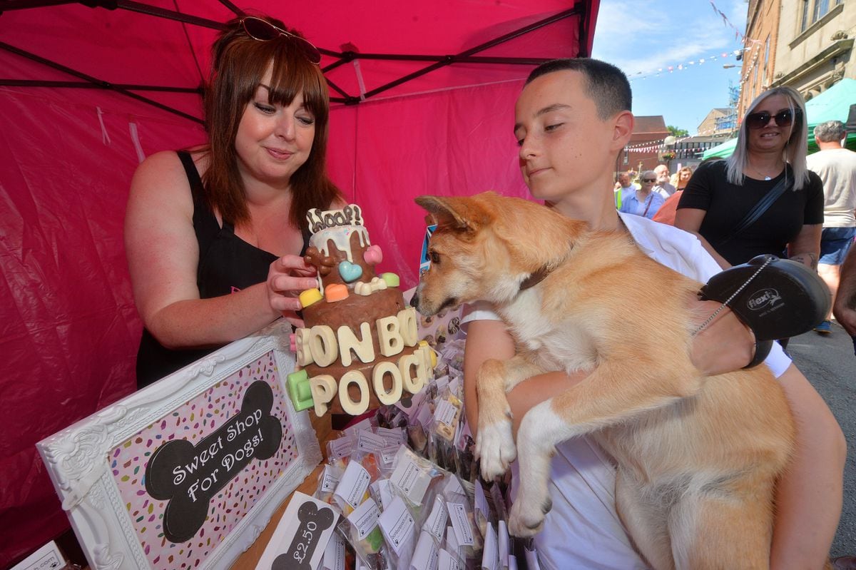 Bramble and owner Noah Keith, 11, check out the Bonbon Pooch stall, featuring treats and cakes for dogs, run by Hayley Foster, from Wellington 