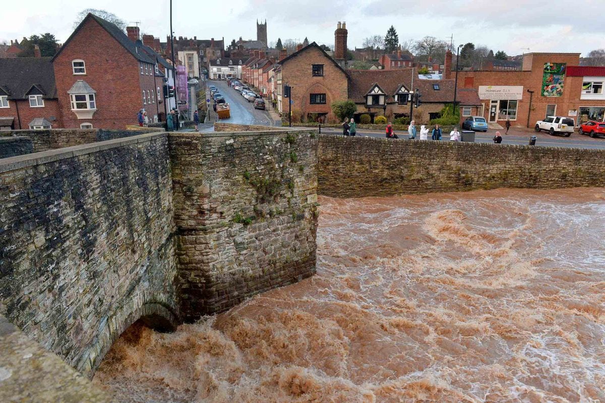 Flooding around Ludford Bridge in Ludlow after Storm Dennis