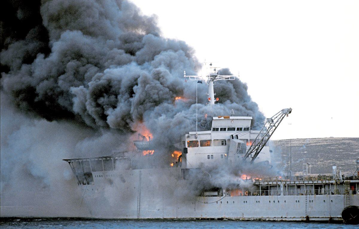 RFA Sir Galahad is ablaze after an Argentine air raid at Bluff Cove
