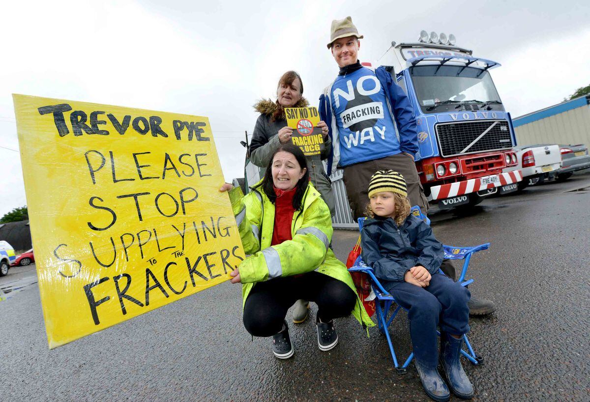 Anti-fracking protesters gather outside Trevor Pye Transport on Wem Industrial Estate
