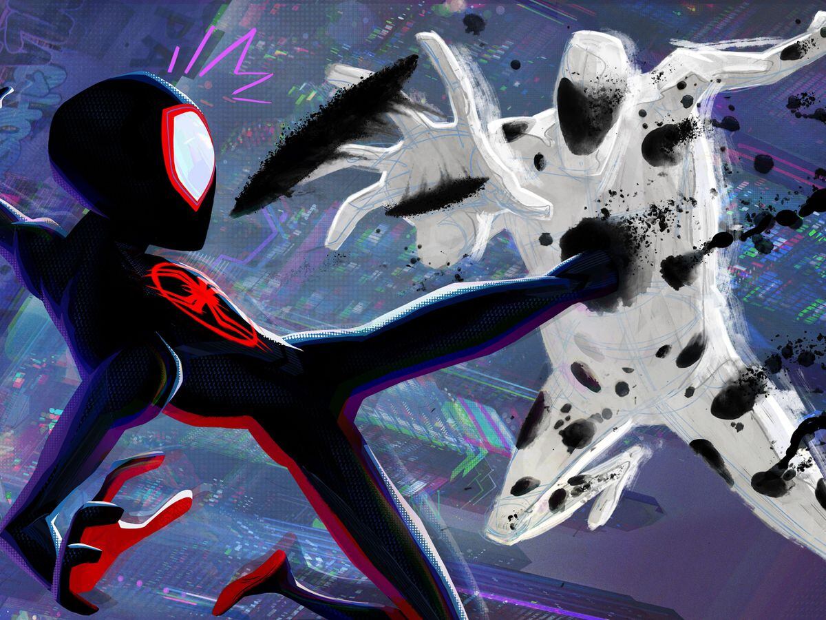 Spider-Man: Across The Spider-Verse: Miles Morales (voiced by Shameik Moore), The Spot (Jason Schwartzman) and Gwen Stacy (Hailee Steinfeld)