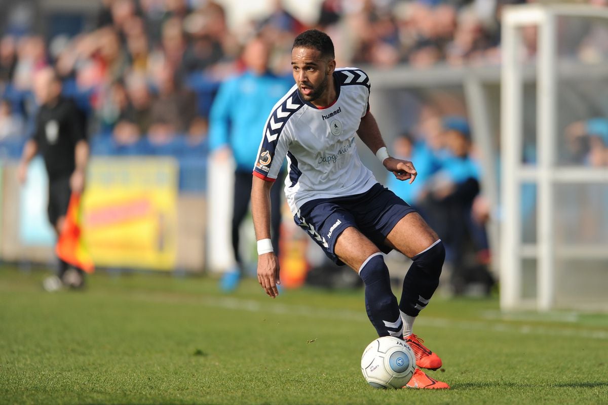Brendon Daniels of AFC Telford during the Vanarama National League North fixture between AFC Telford United and Blyth Spartans at the New Bucks Head.