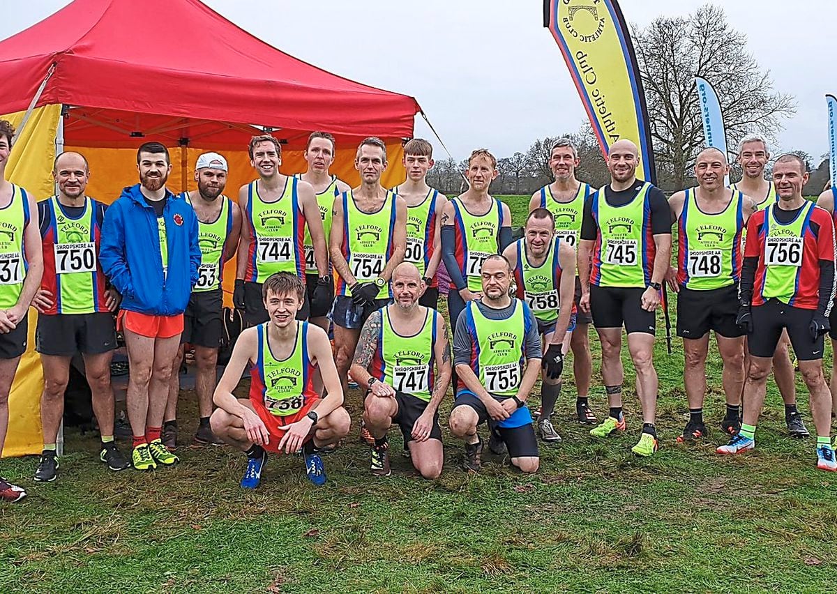 Telford Athletic Club’s senior men’s squad line up for a picture prior to taking part in the Shropshire Athletics Association Cross Country Championships