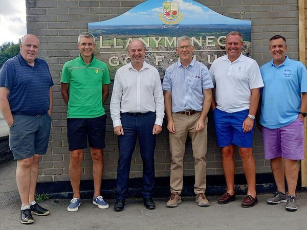 Alun Hughes and Steve Owen from Rees Astley with the winning team, Martin Hardy, Rhydian Wilson, Kevin Powell and Gary Roberts, at the company’s client golf day held at Llanymynech Golf Club.