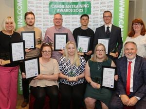 Winners of last year’s Cambrian Training Company’s annual Apprenticeship, Employment and Skills Awards with group executive chairman Arwyn Watkins, OBE (front far right)